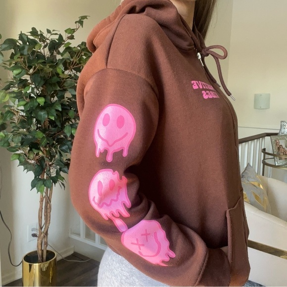 Faded Rose Essentials Positive Vibes Smiley Face Brown Pink Sweatshirt Hoodie S - Picture 4 of 13